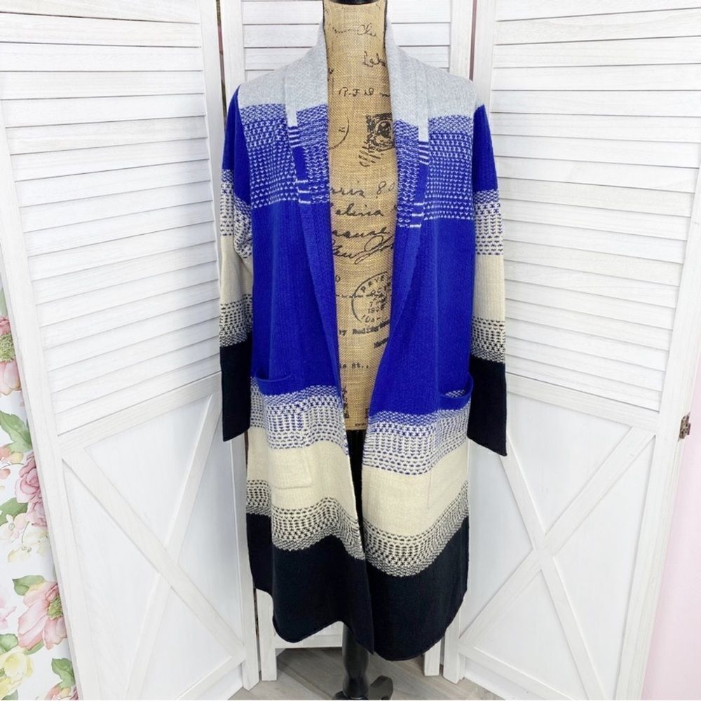 MaxSport Western‎ Colorblock Long Cardigan Sweater Gray Blue Cream Black Large